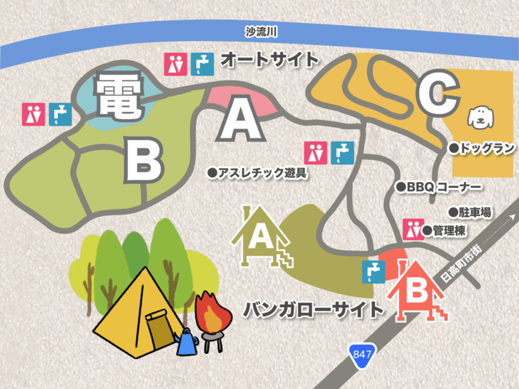 キャンプ場のレイアウト図。Aエリアにオートサイト、Bエリアに電源付きキャンプサイト、アスレチック遊具、BBQコーナー、Cエリアにドッグランあり。駐車場、トイレ（障害者用も）、管理棟が配置されています。